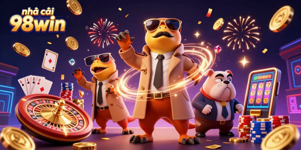 Experience the excitement of nhà cái 98win with raptors and a bulldog in a lively casino scene.
