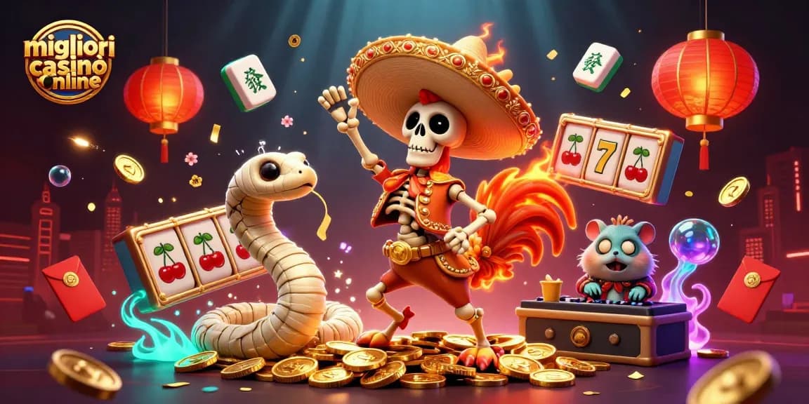 I migliori casinò online presentano un'illustrazione animata con un gallo mariachi danzante, simboli della fortuna e un'atmosfera vivace.