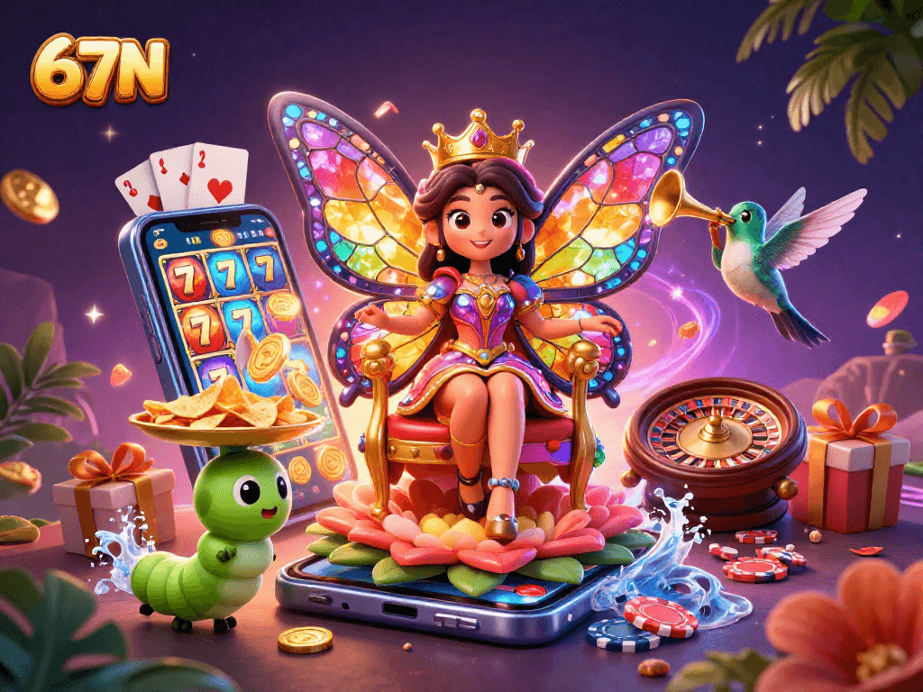 Aposte em 67N com uma cena vibrante de jogos de cassino, apresentando a rainha das borboletas.