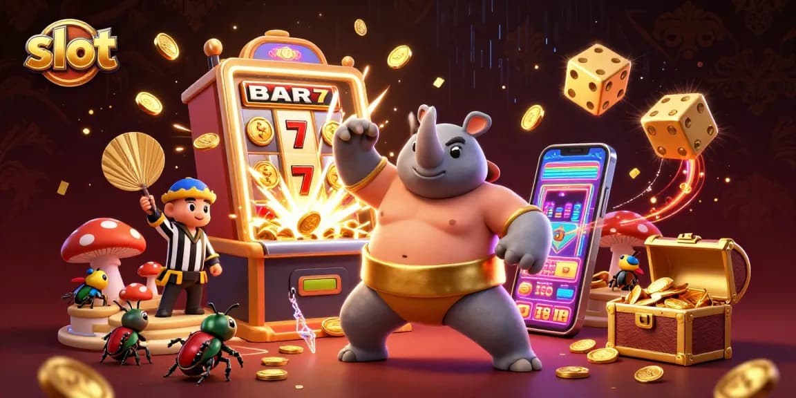 Experience thrilling slot action as a beetle champion stomps coins with a dynamic scene.