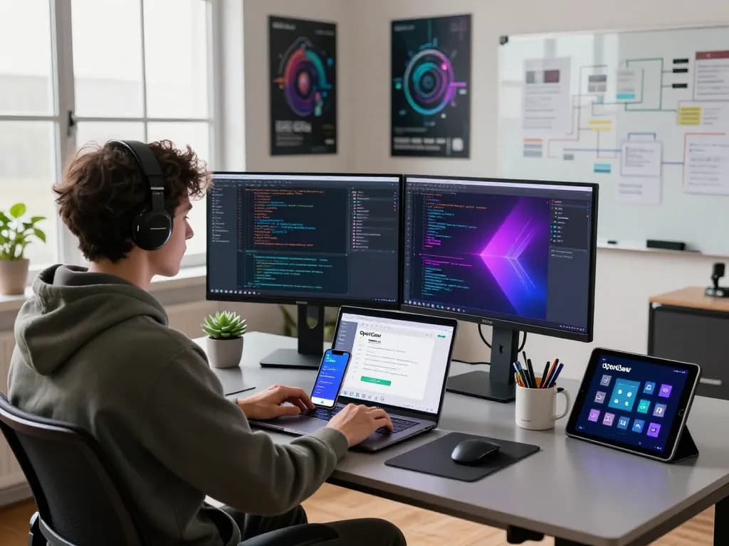 OpenClaw AI workspace with developer coding on dual monitors, showcasing innovative tools and a modern office setting.