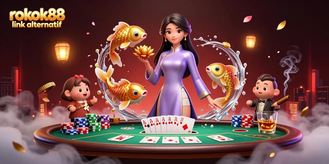 Engage in thrilling gameplay with rokok88 link alternatif at a luxurious poker table surrounded by colorful chips and elegant visuals.