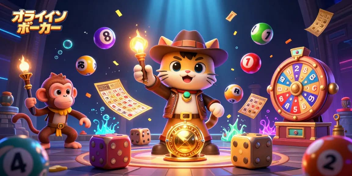 オンラインポーカーの特典を発見するキャットキャラクターのイラスト