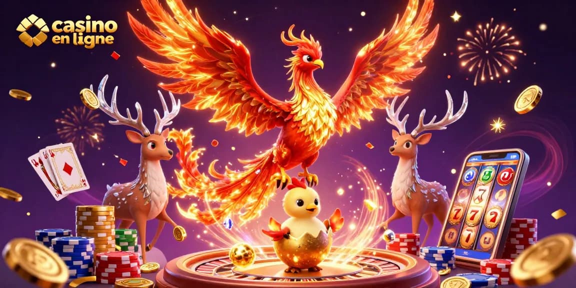Jeux de casino en ligne : illustration animée avec un phénix et des éléments de jeux de hasard.