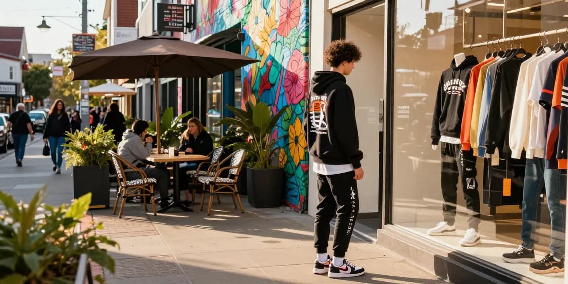 Fashionable individual exploring 레플리카 streetwear in a vibrant urban shop setting