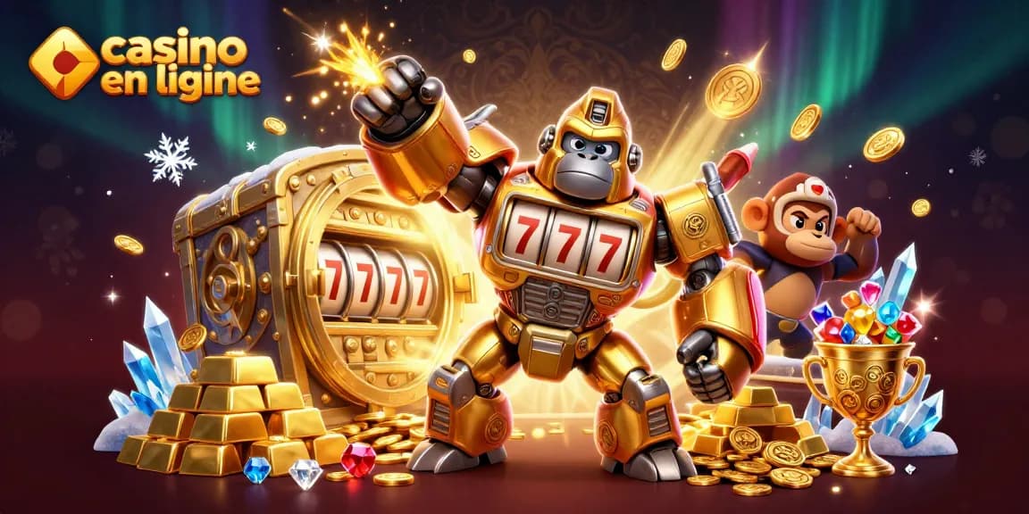 Le jeu de casino en ligne s'anime avec un mech gorille doré et des trésors scintillants.
