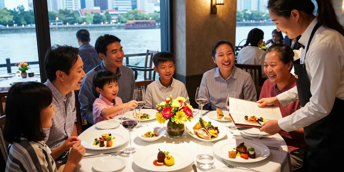 Dining scene featuring ROKOK88 recommended dishes at River City Restaurant, showcasing a joyful family meal.