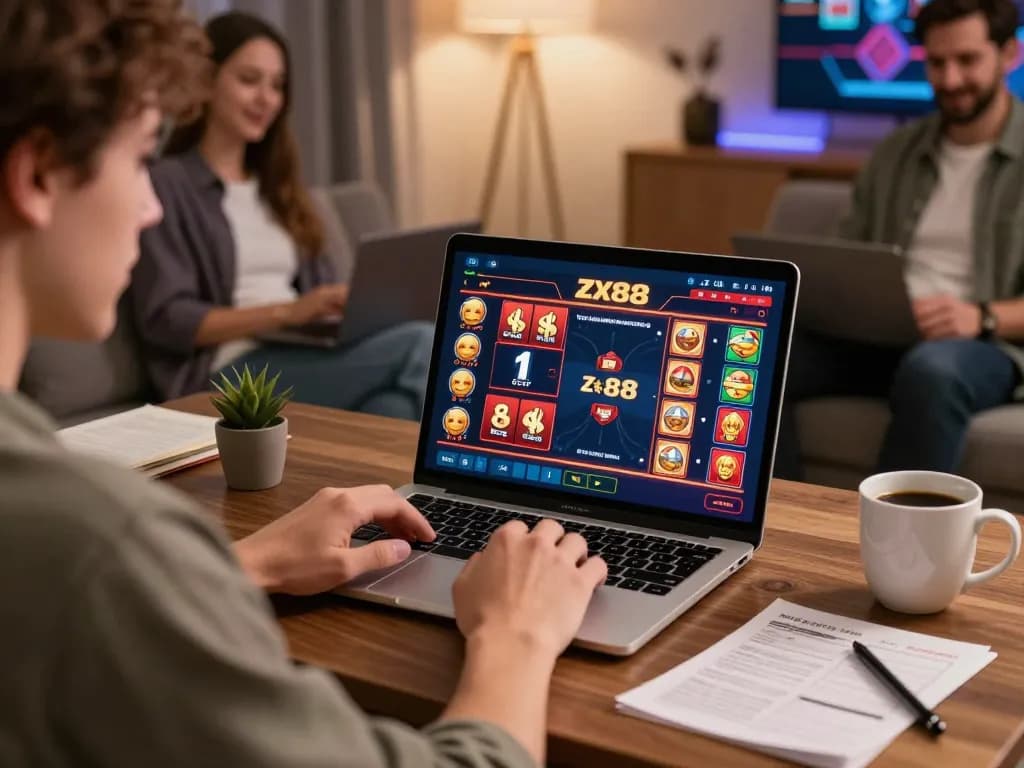 Engaged player using zx88 for online casino gaming, showcasing poker game on laptop.