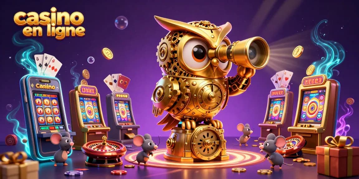 Découvrez l'univers captivant du casino en ligne avec une illustration ludique mettant en scène une chouette en mouvement et des souris autour des machines à sous.