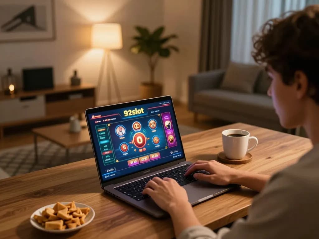 Engaging in strategic gameplay on 92slot with vibrant online gaming interface and cozy home setting