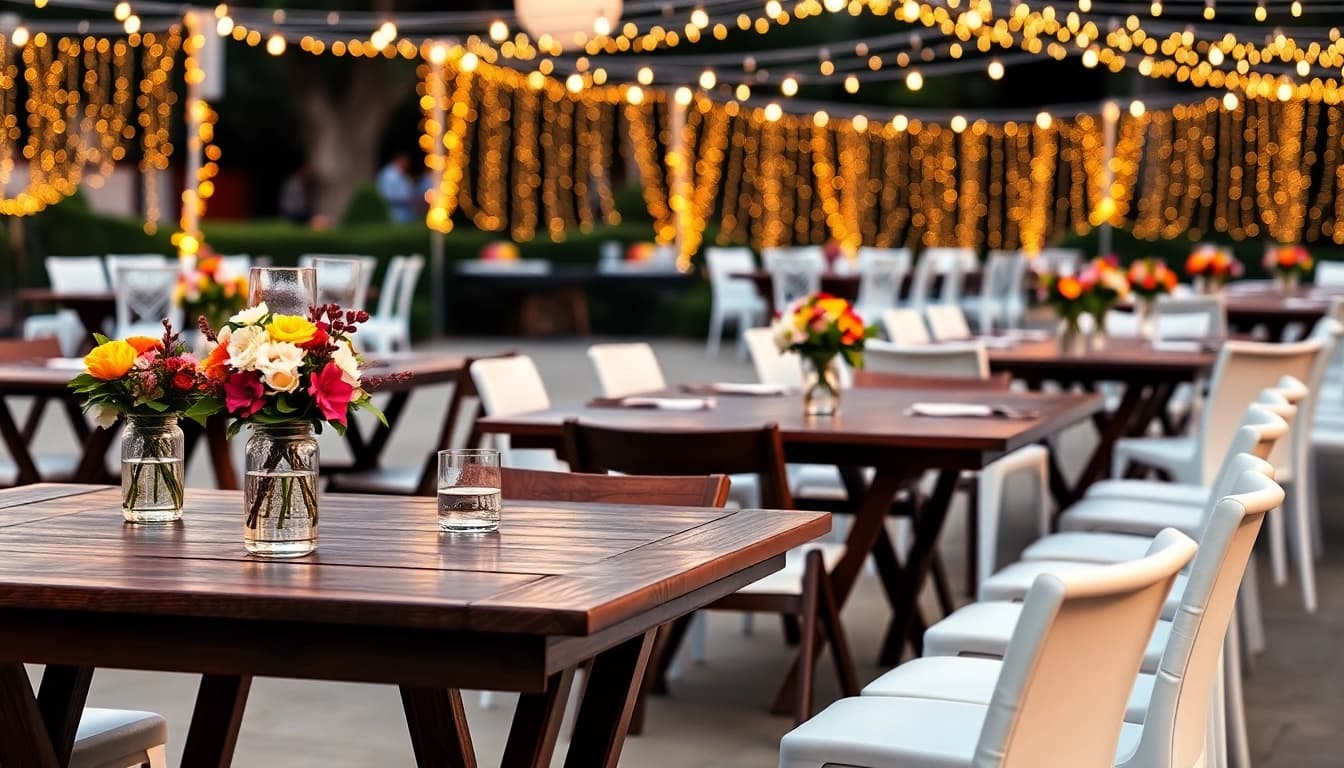 Explore quality Table & Chair Rentals showcased in a beautifully arranged outdoor event setting.