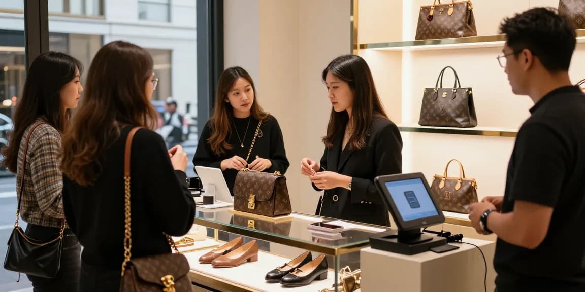 High-quality 레플리카 products showcased in an upscale boutique with engaged customers.