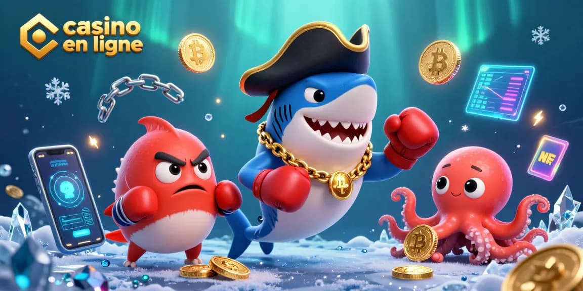 Une illustration animée de casino en ligne montrant un requin pirate et une pieuvre, entourés de pièces cryptographiques.