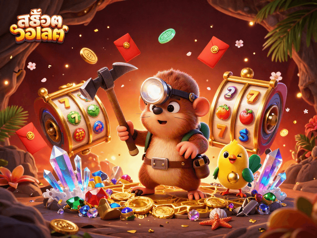 Play สล็อตวอเลท with vibrant slot reels and a treasure hunter in a rich casino scene