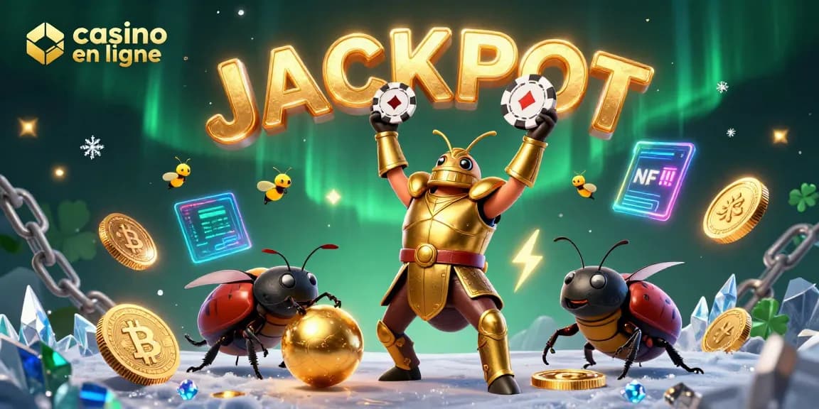 Remportez gros avec ce casino en ligne illustrant un scarabée triomphant et des éléments crypto