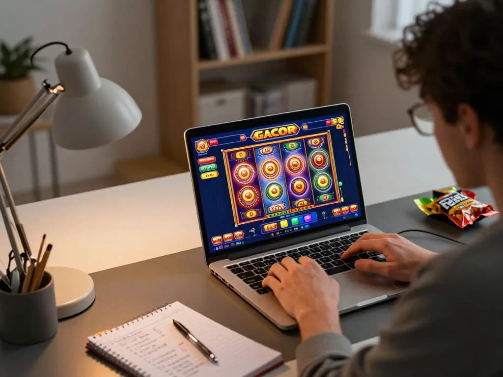 Engaging moment of gameplay while enjoying slot gacor on a laptop in a cozy home office