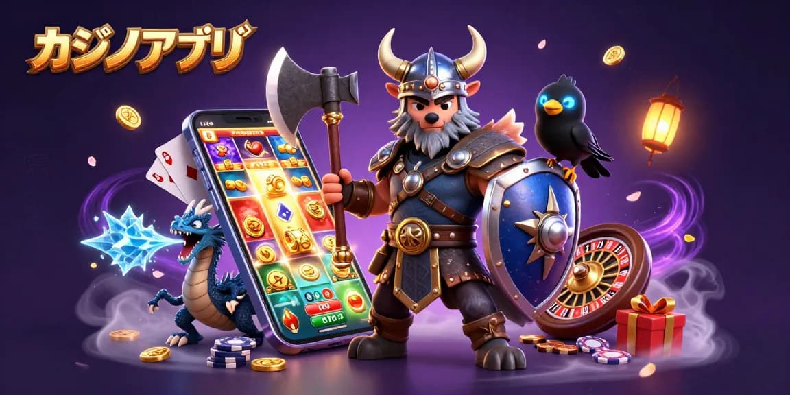 カジノアプリでのスロットゲームを楽しむヴァイキングの戦士、ドラゴン、カラスのイラスト。