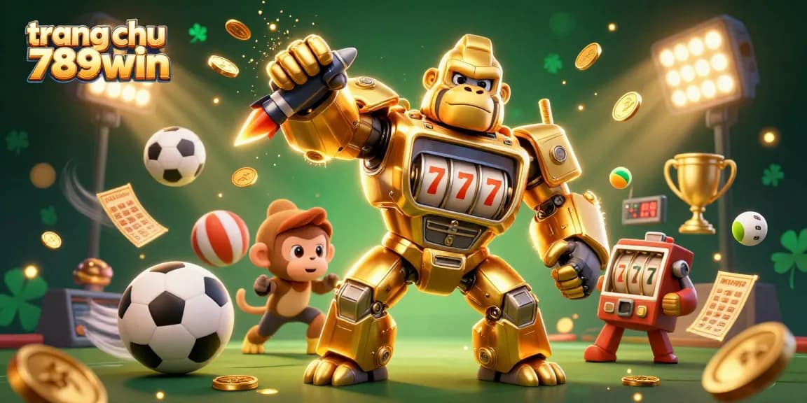 Engage with the exhilarating world of trang chu 789win, featuring a vibrant 3D illustration of a golden gorilla mech and sports elements.
