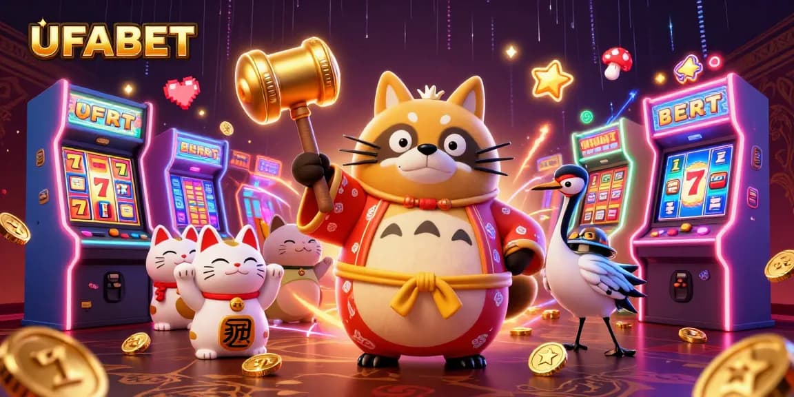 Spin the reels of UFABET with lively characters celebrating wins in a vibrant casino scene.