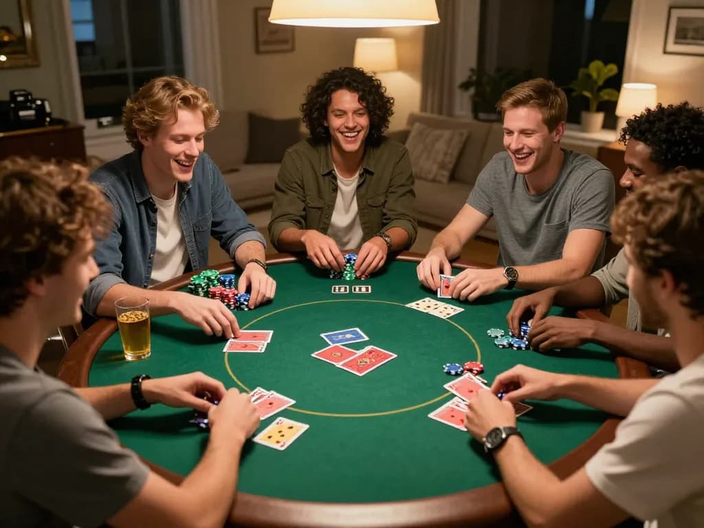 Friends play poker, engaging in friendly betting with slot bet kecil strategy during a lively night.