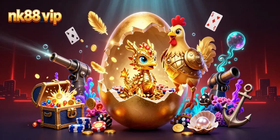 Engage with exclusive nk88 vip slots and games amid a dynamic casino scene featuring a golden baby dragon.