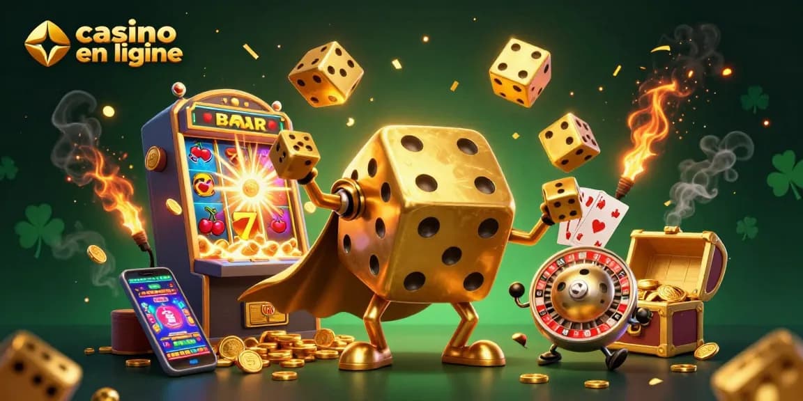 Jouer au casino en ligne avec le golem de dés dorés et des machines à sous explosant de pièces.