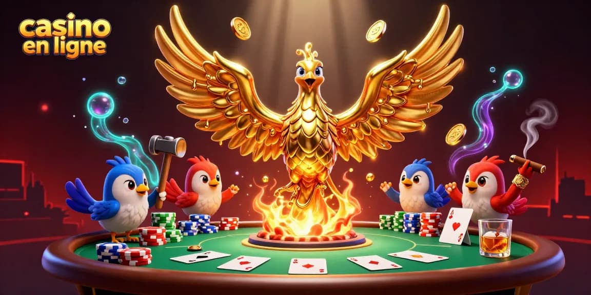 Gagner avec le casino en ligne : illustration d'une scène animée avec un phénix doré et des éléments de poker.