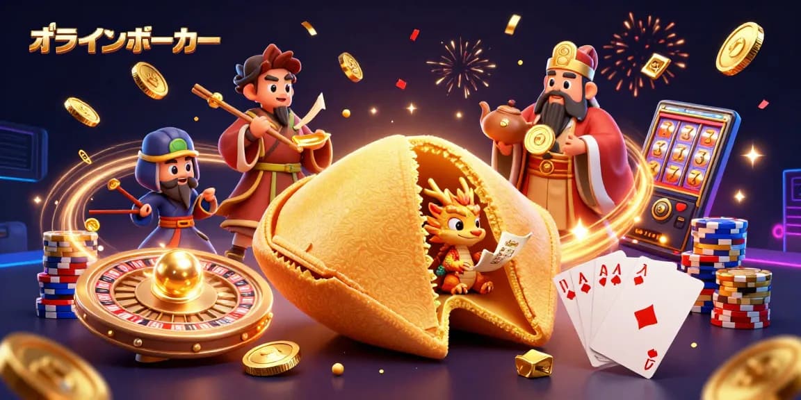 オンラインポーカーを楽しむためのキャラクターと金色のコインが飛び交う幻想的なデジタルアート