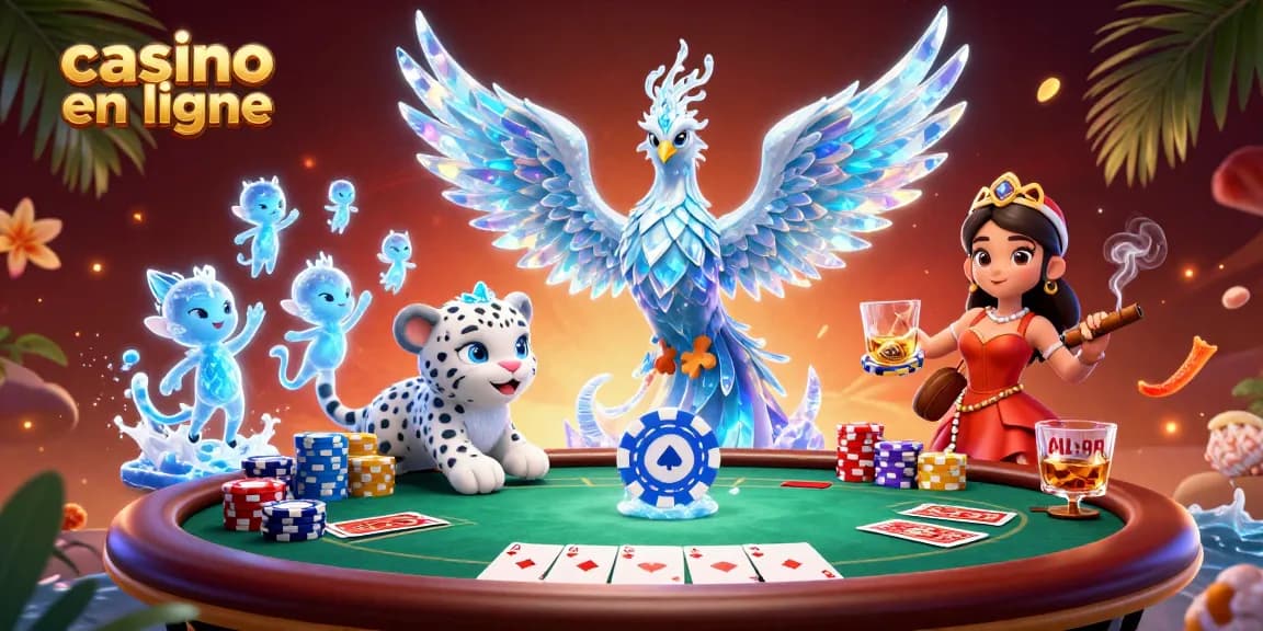 Une illustration d'un casino en ligne avec un phœnix de glace et un léopard des neiges jouant avec des jetons de poker.