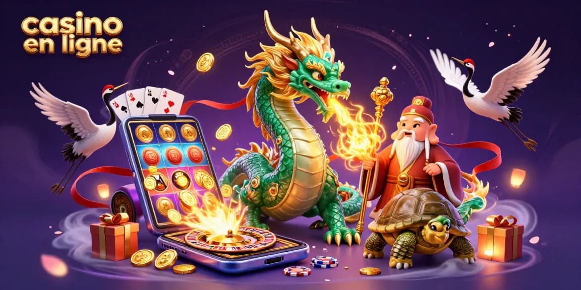 Visitez le casino en ligne avec l'illustration d'un dragon et un sage, entourés de jeux.