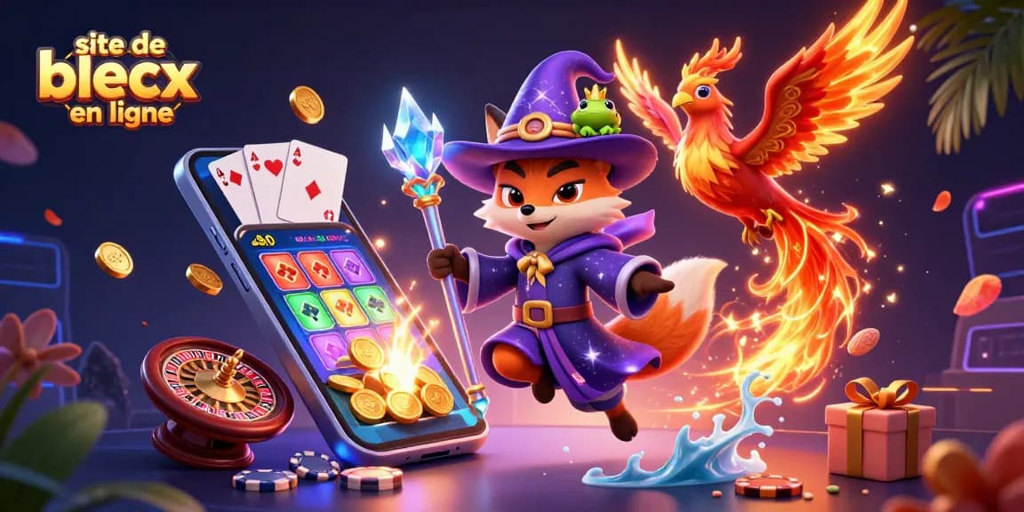 Jouez sur le site de blackjack en ligne avec un renard magique et un phénix dans un monde de cartes et de jetons.