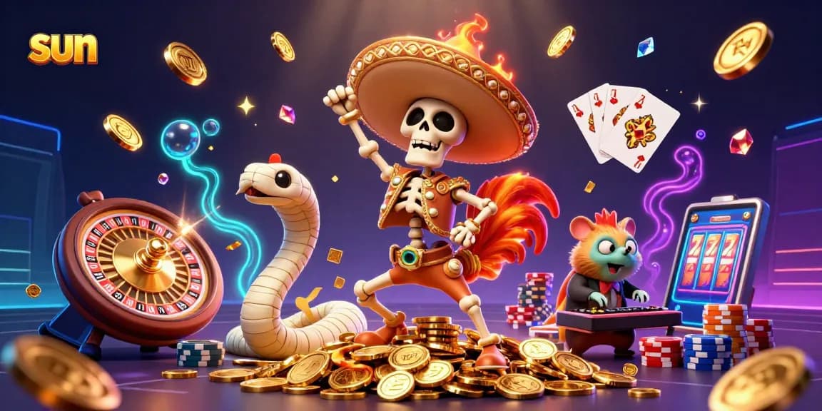 Experience the thrill of sun-themed casino games with vibrant characters dancing on gold.