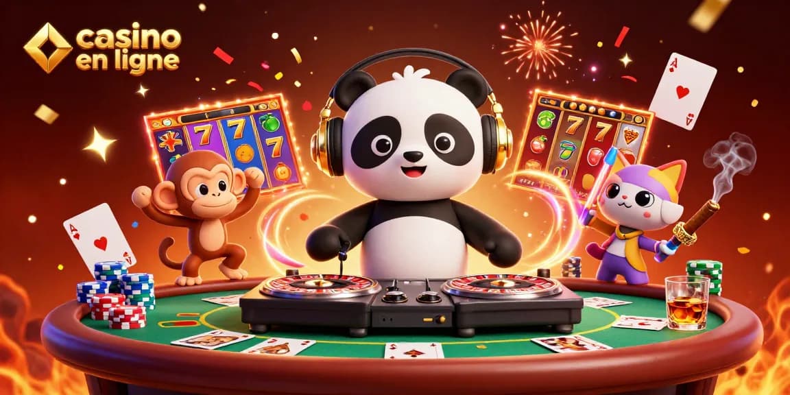 Animation dynamique avec le panda DJ et le chat dans un casino en ligne captivant.