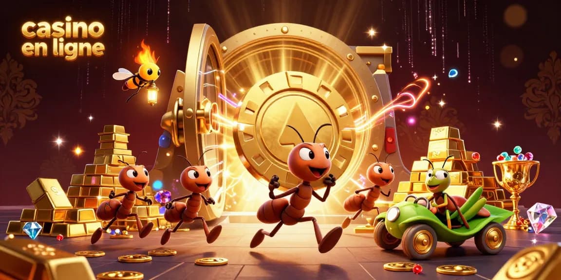 Faites un jackpot au casino en ligne avec une équipe de fourmis et joyaux d'or.