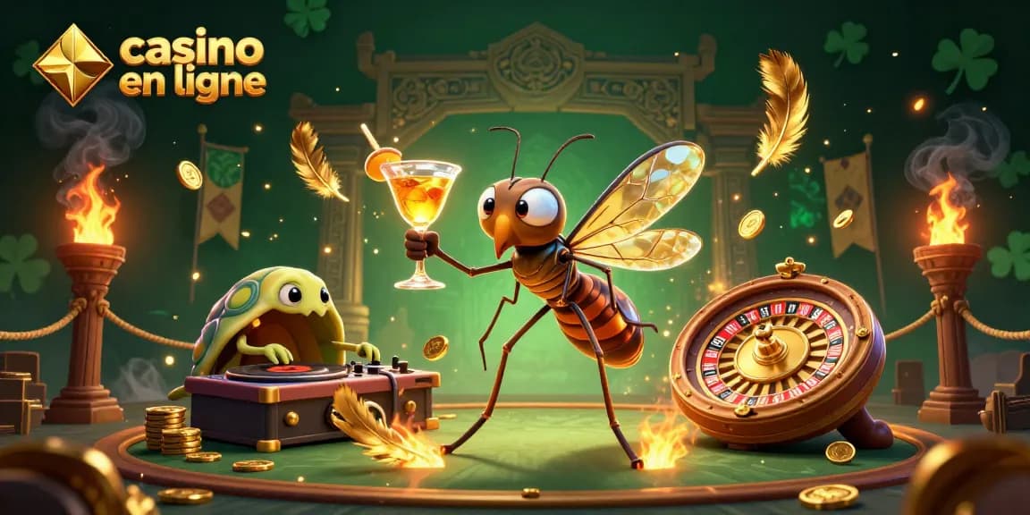 Affrontez le frisson du casino en ligne avec un poulain DJ, un moustique mascotte en cocktail doré.