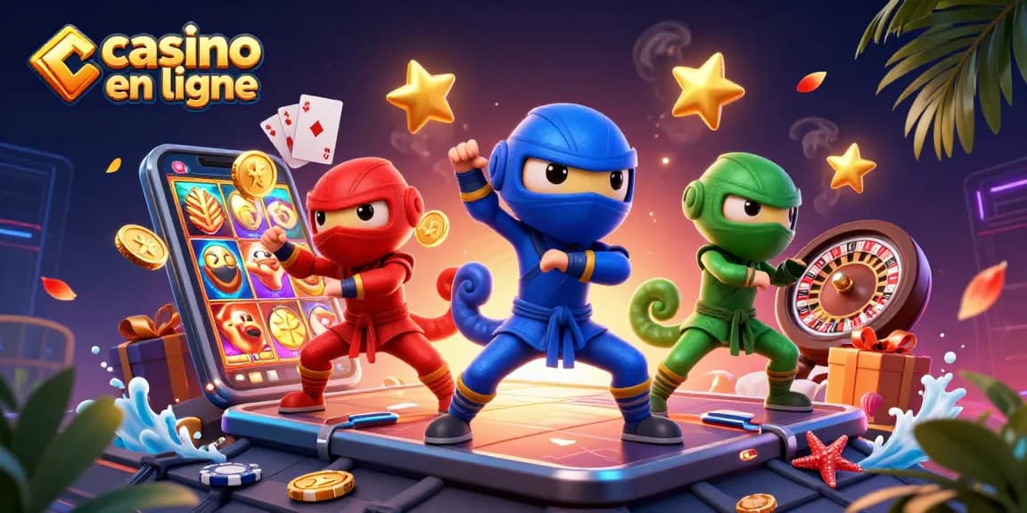 Les chameleons ninjas s'affrontent dans un casino en ligne, avec des jeux et des gains tout autour.