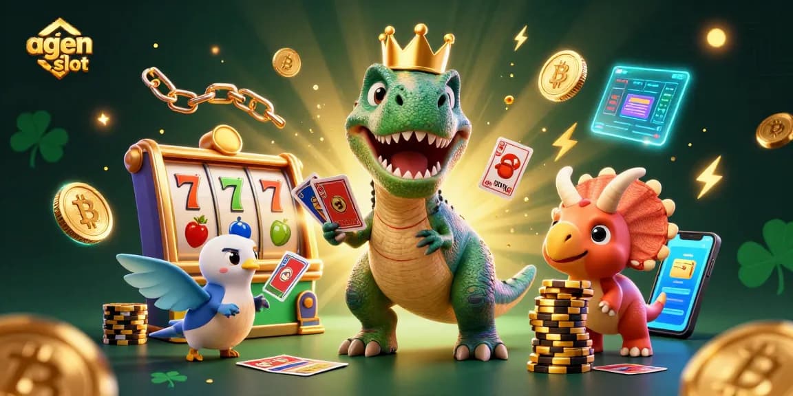 Mainkan agen slot dengan karakter T-Rex lucu dan simbol keberuntungan yang bersinar.