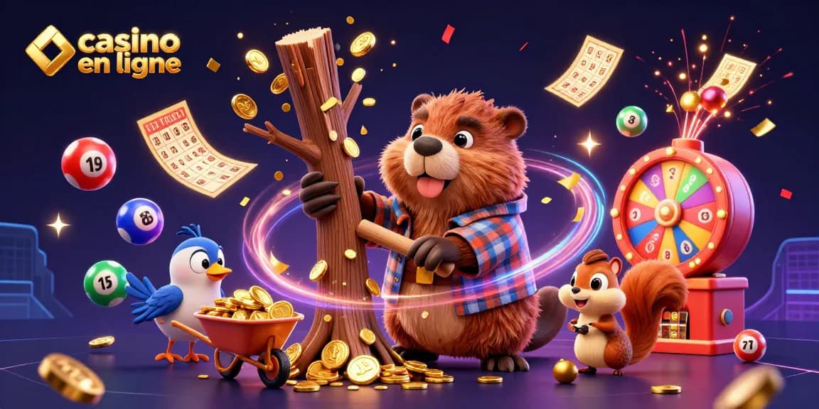 Illustration d'un castor en plaid avec des pièces d'or tombant, représentant le casino en ligne.
