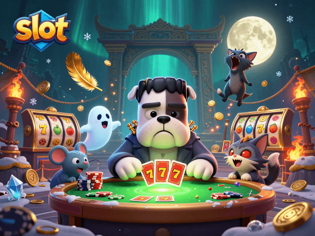 Engage with exciting slot games featuring vibrant symbols in a spooky casino scene.