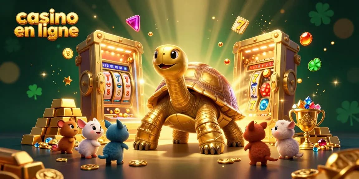 Célébrez le casino en ligne avec la tortue en or et des machines à sous pétillantes.
