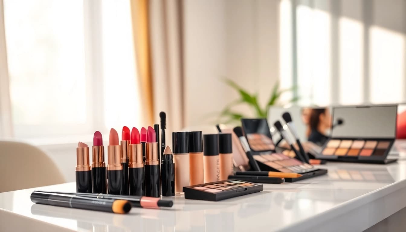 Wholesale makeup suppliers showcase vibrant products in a stylish setting.