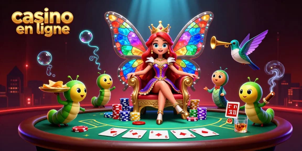 Illustration d'une reine papillon et jeux de casino en ligne avec des éléments colorés et dynamiques.