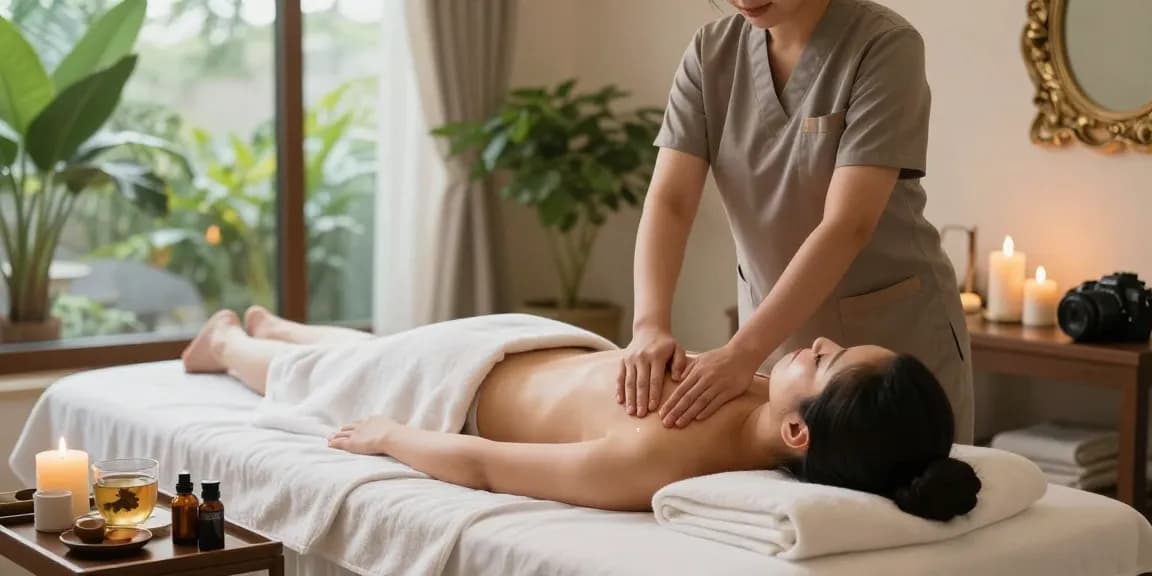 Relaxing 1인샵 spa scene with massage therapist and serene atmosphere.