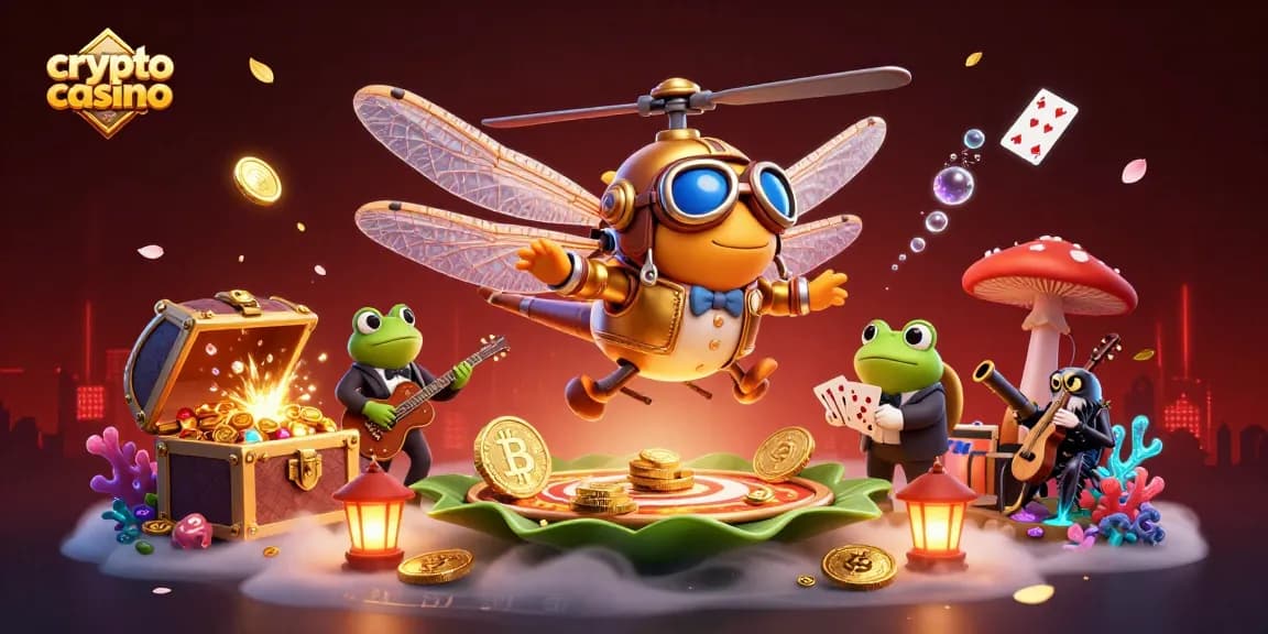 Illustration dynamique de casino crypto avec un pilote libellule, croupier grenouille et musiciens.