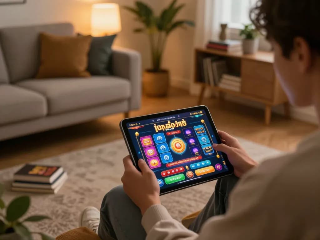 Player exploring เว็บสล็อตตรง on a tablet, showcasing engaging casino gameplay in a cozy home environment.