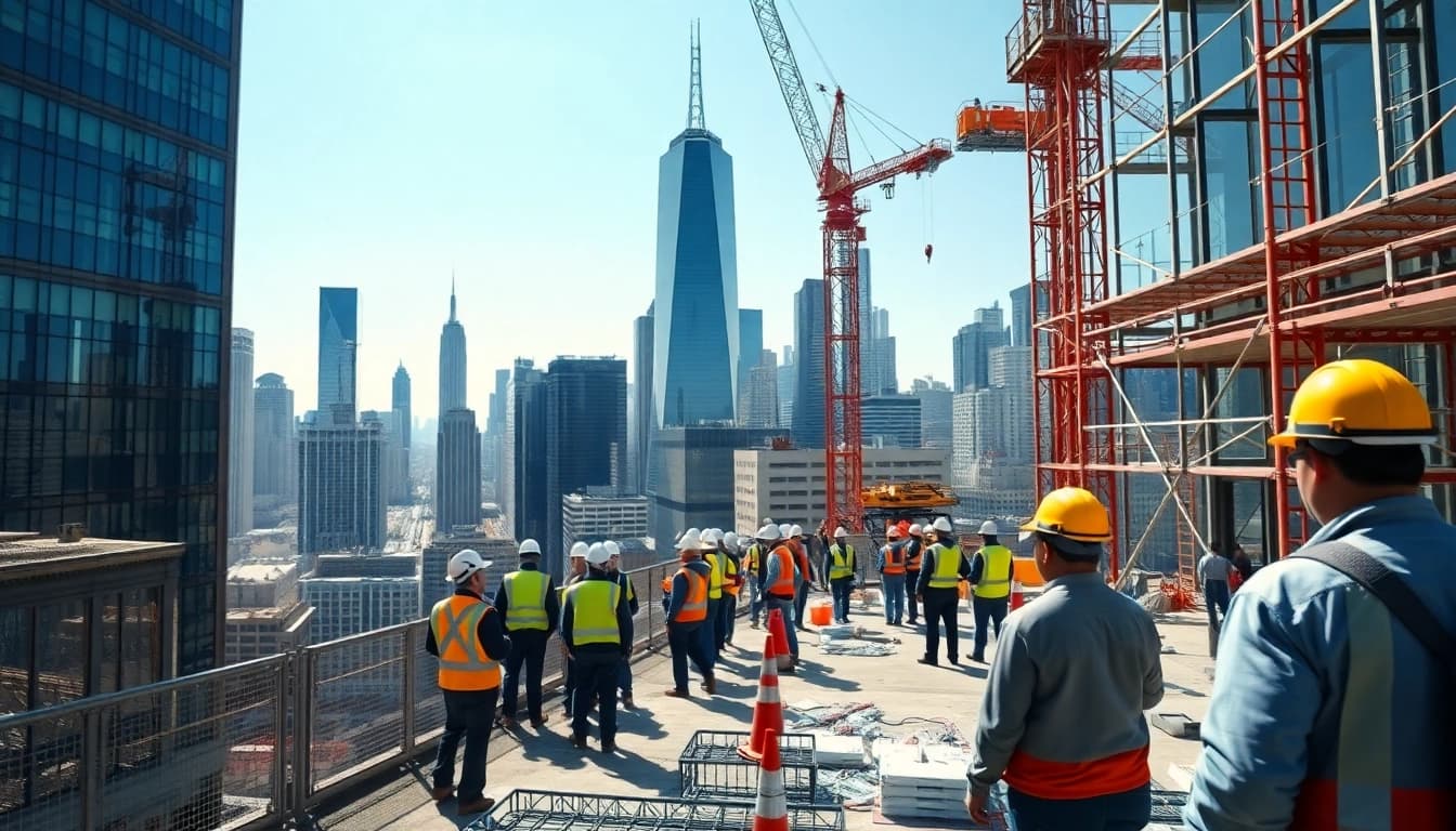 Showcase of a New York Commercial General Contractor overseeing an urban construction project with dynamic energy.