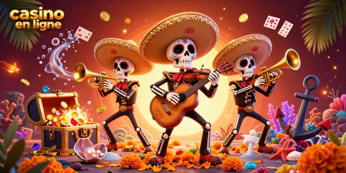 Profitez de l'ambiance festive d'un band mariachi en jouant au casino en ligne, entouré de trésors et de cartes flottantes.