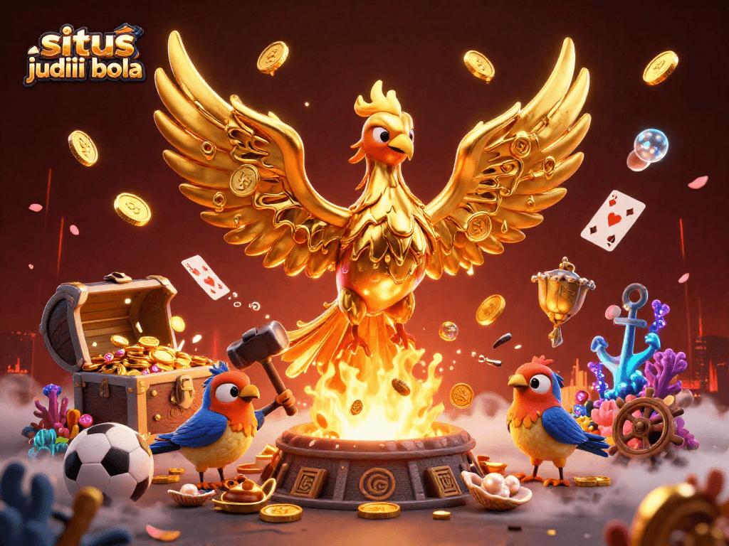 Bet on situs judi bola with striking golden phoenix soaring through a dynamic sports-themed scene.