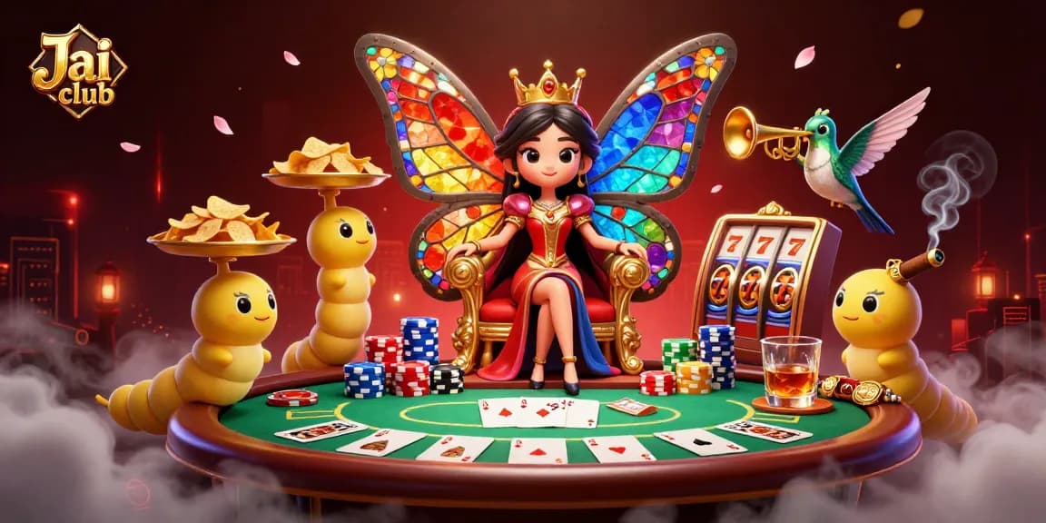 Engage with thrilling Jai club games featuring a vibrant casino scene with a butterfly queen and colorful poker elements.