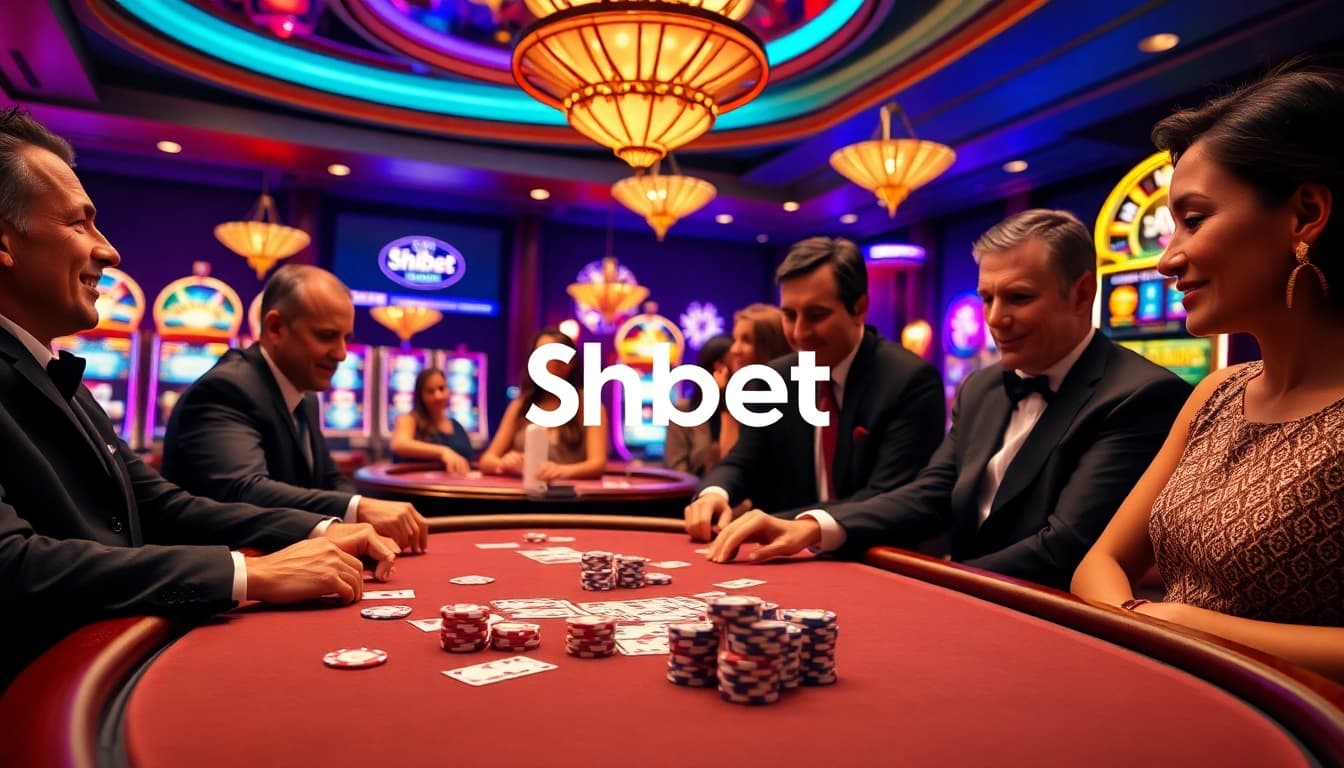 Engaging players enjoying poker at Shbet's luxurious casino, showcasing exciting gameplay.